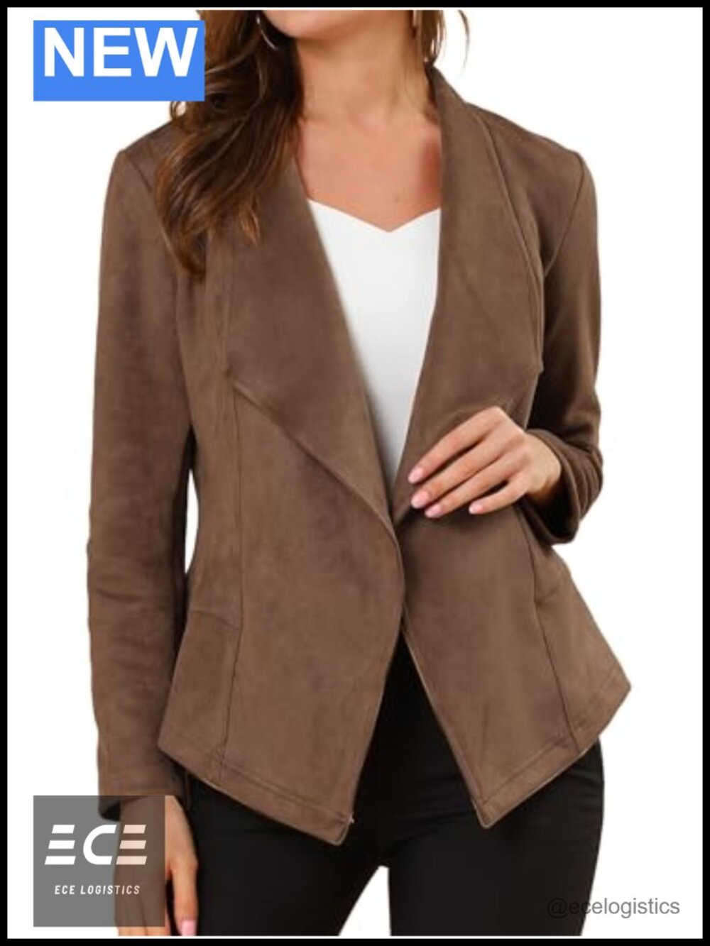 Faux Suede Open Front Blazer Long Sleeve Drape Collar Jacket
